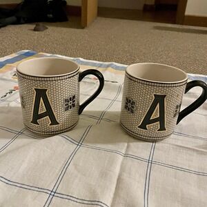 Anthropologie Margot Mosaic Tile Gold Black Coffee Initial "A" Mug Set of 2